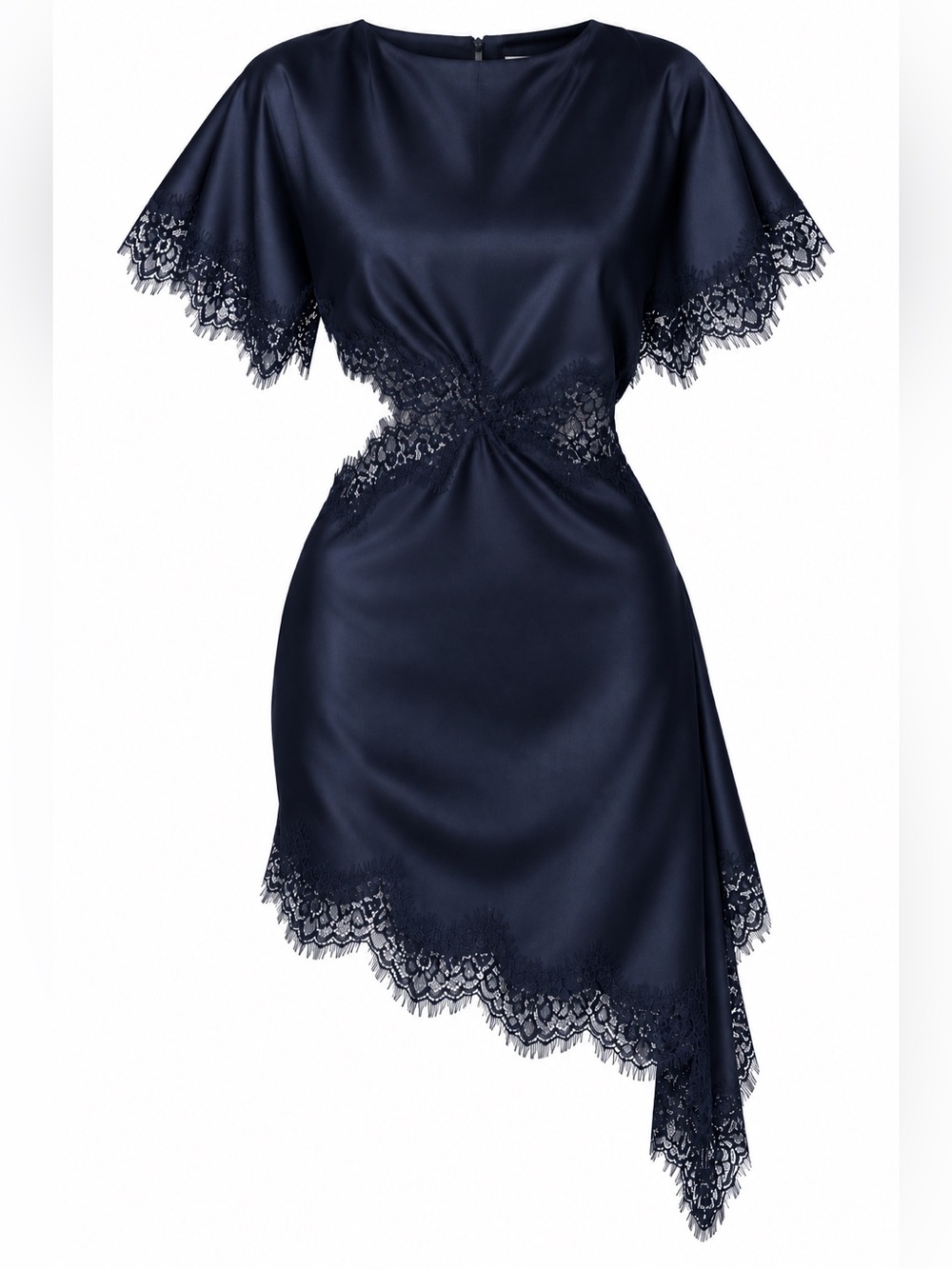 Commense Navy Satin Asymmetrical Lace-Hem Cocktail Dress